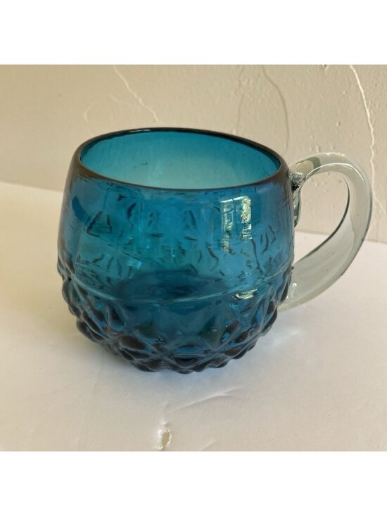 Unbranded Other - Blue Glass Hand Blown Coffee Mug Cup With Clear Glass Applied Handle 8oz